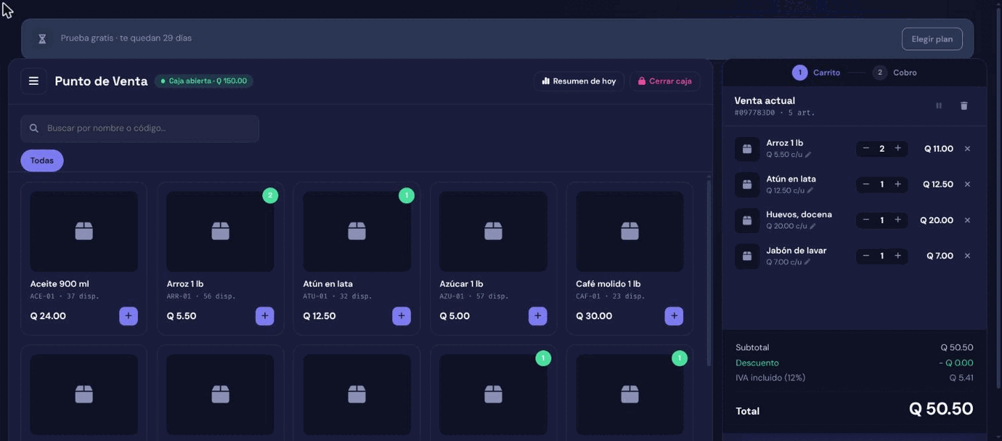 Captura del punto de venta de gsiker: catálogo de productos y carrito con el total en quetzales